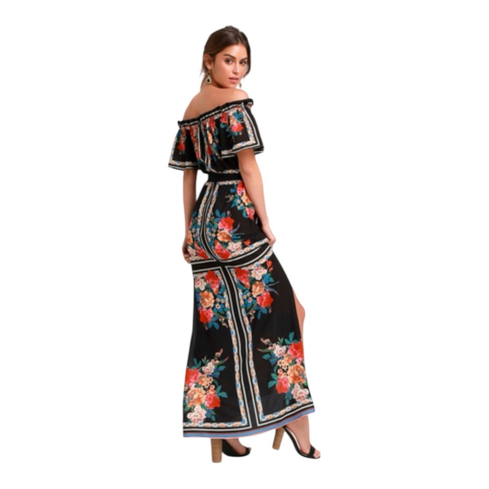 Lulus Trip to Tobago Maxi Dress Small Black Floral Off-the-Shoulder Vacation